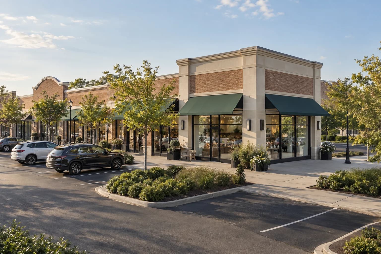Illustrative neighborhood retail center with an endcap storefront, green awnings and landscaped pedestrian access.